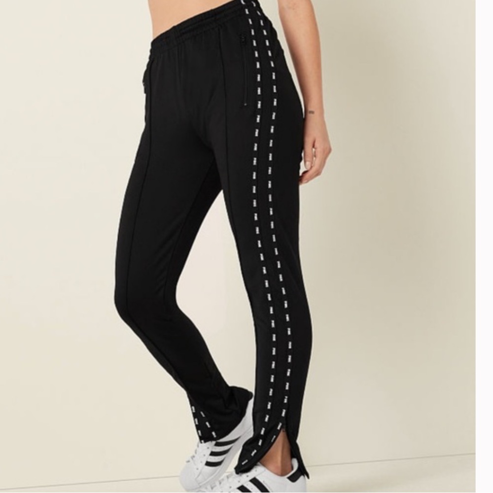 Pink Victoria’s Secret Black Track Pants Zipper Leg Logo Tape Joggers Size L